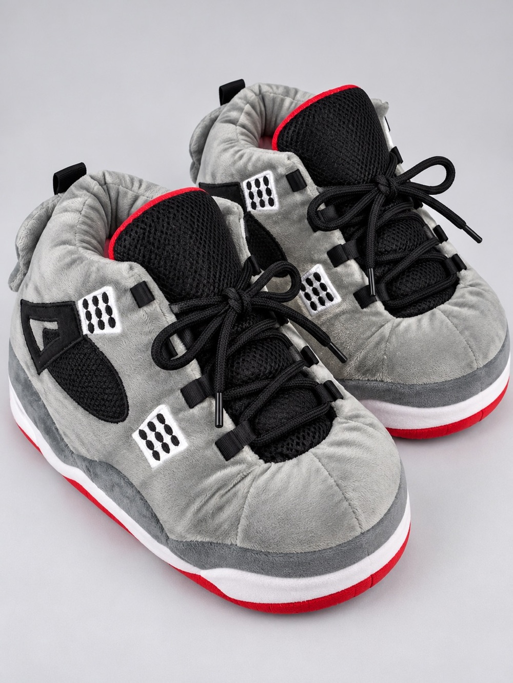 Oversized Plush Sneaker Slippers – Gray/Black/Red – One Size Fits Most